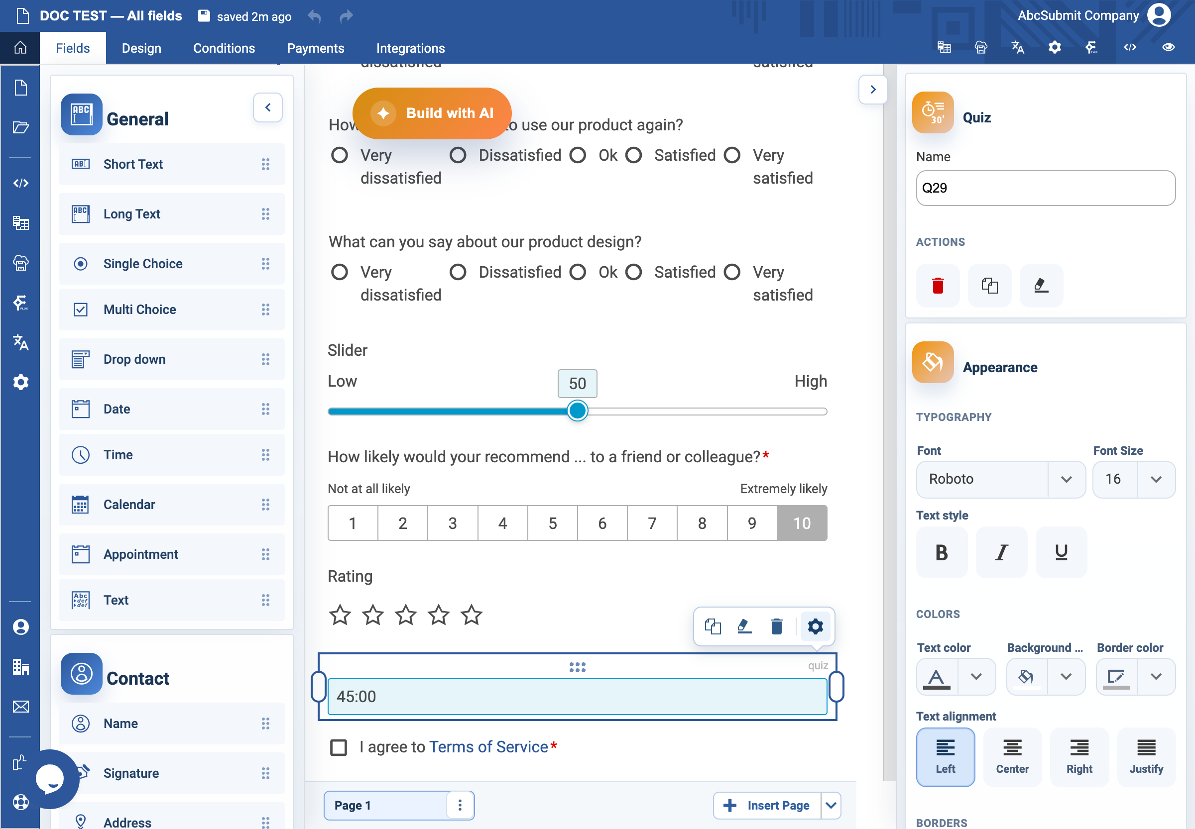 Quiz v2 settings drawer.