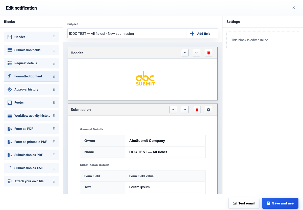Live v2 notification builder with a Formatted Content custom-text block.